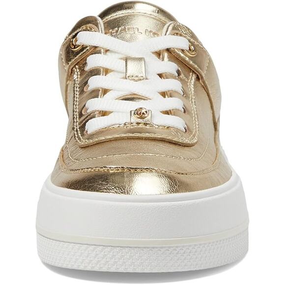 Michael Kors Aurora Lace Up Wrinkled Leather Gold Sneaker 7.5 - Picture 2 of 9
